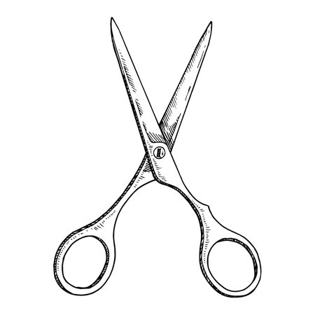 Vintage hand-drawn illustration of hairdressing scissors and salon equipment. The graphic emphasizes the precision and artistry involved in hairstyling, making it ideal for barbershop-related contentのイラスト素材