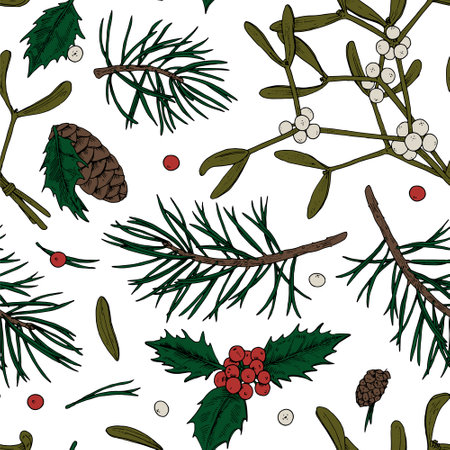 A seamless Christmas pattern featuring vintage holly, mistletoe, and botanical elements. This vector illustration is perfect for wrapping paper, festive backgrounds, or decorative holiday textilesのイラスト素材