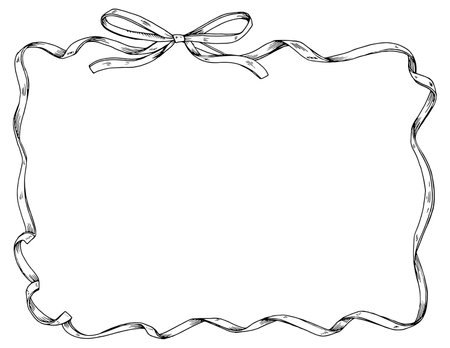 A hand-drawn ribbon and bow design forming a rectangular frame. This elegant black and white vector illustration is ideal for greeting cards, invitations, or banners with ample copy spaceのイラスト素材
