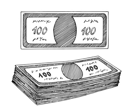 Vector illustration of a cash wad featuring stacked dollar bills. This hand drawn clipart showcases banknotes in a vintage style. Clean outline and engraving details enhance its graphic appealのイラスト素材