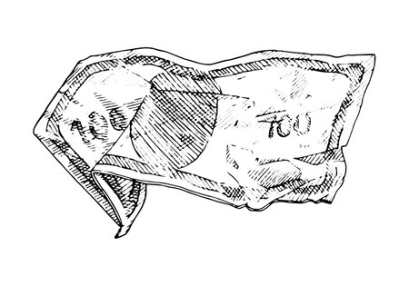 Vector illustration of crumpled dollar banknotes. Hand drawn detailed sketch showing worn out, folded currency. Ideal for financial graphics, vintage designs, or sticker and print applicationsのイラスト素材