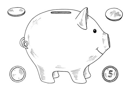 Vector illustration of a piggy bank, for savings and budgeting themes. This hand drawn clipart features a moneybox for kids, coins like pennies, nickels, and quarters. The clean line art drawingのイラスト素材