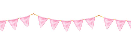 Watercolor pennant banner in pastel pink color, ideal for a baby girls birthday or gender reveal. The design features hand-drawn flags and ribbons, creating a playful yet elegant atmosphereの写真素材