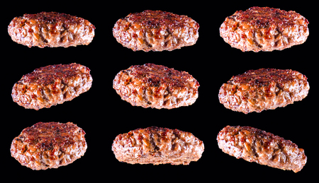 Fried fresh large beef burger isolated on white background. Grilled burger cutlet isolated on blackの写真素材