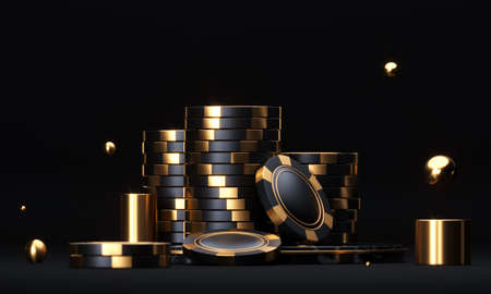 Stacks of chips on black. Online casino black and gold background. 3D rendering.の写真素材