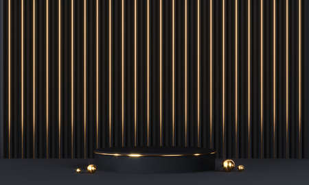 Round podium with geometric shapes and gold elements. Abstract blank pedestal, display platform. 3D Renderingの写真素材