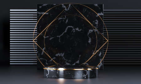 Round podium with geometric shapes and gold elements. Abstract blank pedestal, display platform. 3d renderingの写真素材