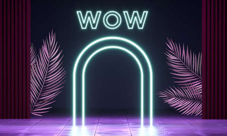 Round neon podium, pedestal or platform. Advertising place scene. Blank product presentation stand....