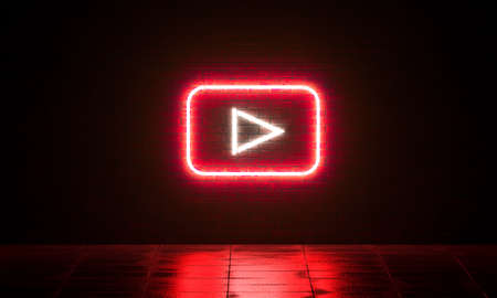 Neon music play sign on dark brick wall background, 3d Renderingの写真素材