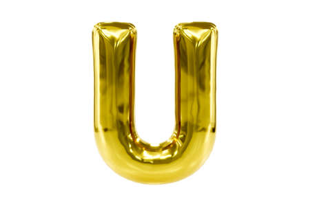 Golden party font metellic golden letter U made of realistic helium balloon, Premium 3d illustration.の写真素材