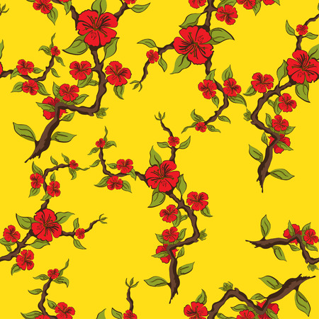 Seamless pattern of red flowers on a yellow background. Sprig of apple blossom. Vector illustrationのイラスト素材