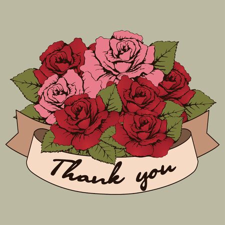 Thank you banner, Vintage Bouquet of roses flowers with a curved ribbon for your text. Greeting card, invitation, recognition, communication, gratitude. March 8 Women's Day, birthday, weddingのイラスト素材