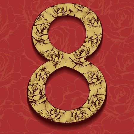 8 March International Women's Day, flower gold figure. The number of ornate gold floral patterns, on a coral background with ornaments. Greeting card. Decorative element for design, base, ornamentのイラスト素材