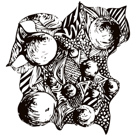 Abstract doodle composition, Black and white sketch. Monochrome ornament, from a variety of decorative elements, fantasy motif. It can be used as an unusual prints, tattoo, coloring bookのイラスト素材