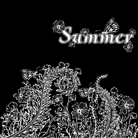 Summer landscape in the style of boho chic, hippie, card, cover. Black and white illustration, monochrome composition. White flowers on a black background. Ornament from natural plant flower motifsのイラスト素材