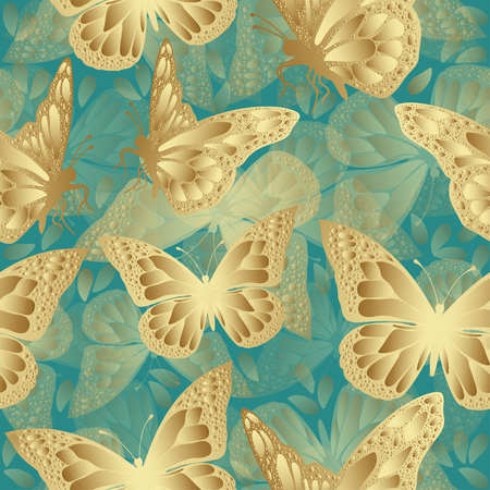Golden butterfly seamless pattern. Luxury design, expensive jewelry. Exotic patterned Insect. Golden and translucent wings on a turquoise background. Textiles, fabric design, wallpaper, vectorのイラスト素材