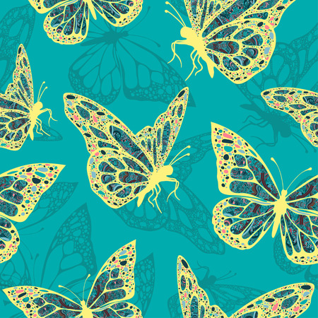 Butterflies with multicolored oriental ornament in style boho, hippie, seamless pattern, ethnic design, arabesque, bohemian. Embroidered openwork exotic Insect. Textiles, fabric design, wallpaperのイラスト素材