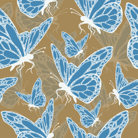 Butterflies colored with ornament seamless pattern, in style boho, hippie, bohemian. Bright, contrasting, openwork blue wings on beige background. Textile, print, fabric design, wallpaper, wrappingのイラスト素材
