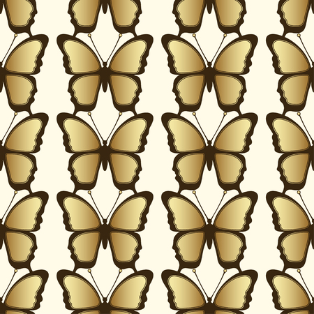 Golden butterfly seamless pattern. Luxury design, expensive jewelry. Exotic patterned Insect, repeating decorative element. Golden wings a yellow background. Textiles, print, fabric designのイラスト素材