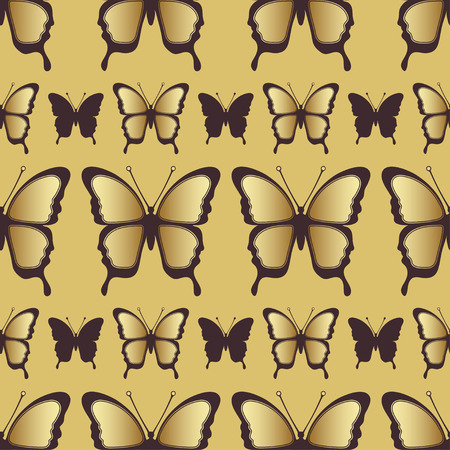 Golden butterfly seamless pattern. Luxury design, expensive jewelry. Exotic patterned Insect, repeating decorative element. Golden wings a yellow background. Textiles, print, fabric design, wallpaperのイラスト素材
