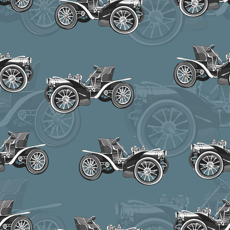 Vintage car seamless pattern, old retro black and white drawing machine, cartoon background. For the design of wallpaper, wrapper, fabricのイラスト素材