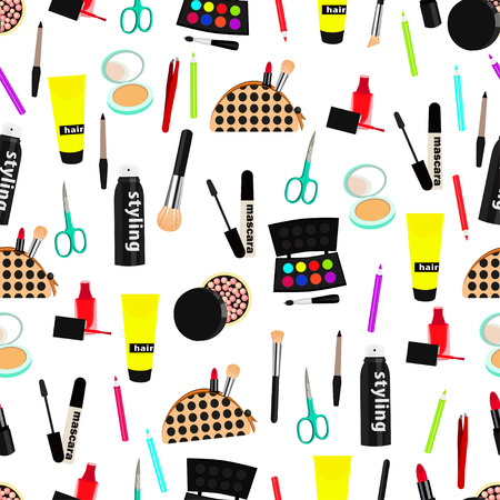 Cosmetic seamless pattern, fashion accessories background. Nail polish, makeup, hair styling, spray, cream, comb, scissors, nail stick liner on white background illustrationのイラスト素材