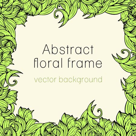 Abstract floral frame plant, vegetable background, cover, card, invitation, banner. Frame of colorful scrollwork, plants, grass, leaves and flowers illustrationのイラスト素材