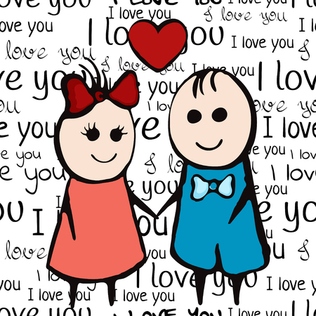 Cartoon painted lovers boy and girl with heart on font background of the phrases I love you. Hand drawing. Valentine's Day card, February 14th, banner. Vector illustration in children's drawing styleのイラスト素材