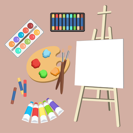Realistic art supplies, set art materials. Artist Accessories. Easel, canvas, tablet, pastel, paint in tubes, watercolor, palette and brush. Vector objects for drawing, paintingのイラスト素材
