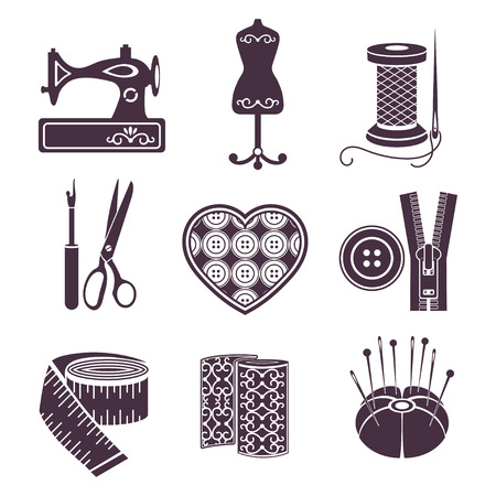 Set of vector icons sewing tools. Purple sewing supplies on white backgroundのイラスト素材