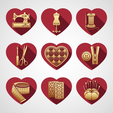 Set of vector icons sewing tools. Gold sewing supplies in a frame in the shape of a red heartのイラスト素材