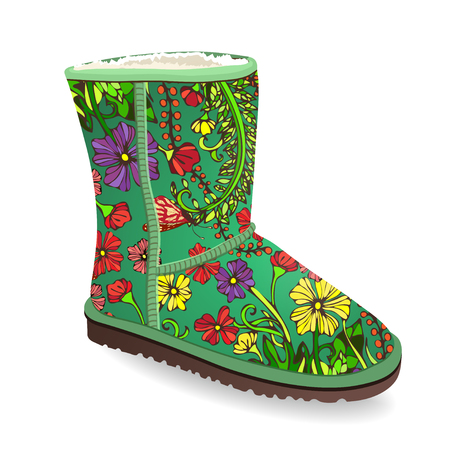 Vector shoes, green winter boots with fur from floral print, isolatedのイラスト素材