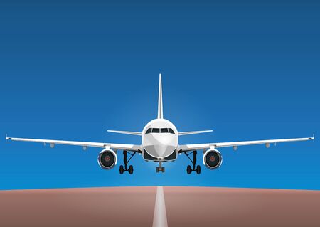 Aircraft vector, take-off plane against the background of the blue sky and the runway.のイラスト素材