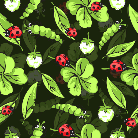 Cartoon hand drawing insects, leaves and flowers of clover pattern for fabric design and wallpaper.のイラスト素材