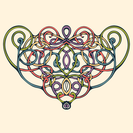 Celtic pattern, vector wicker ornament, hand drawing decorative element. Multicolored wicker weave on a yellow backgroundのイラスト素材