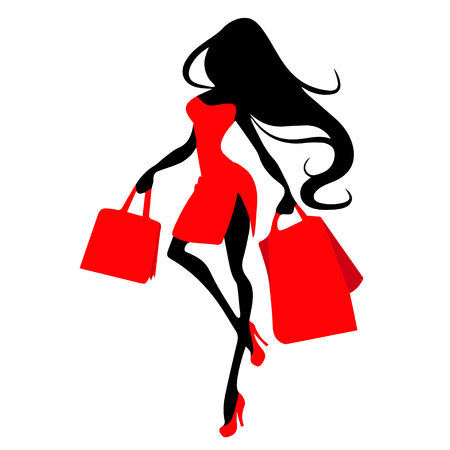 Silhouette woman with shopping bag, vector banner template for female shopping, sales, black friday design. Beautiful girl in red dress in high heels with purchases in hands