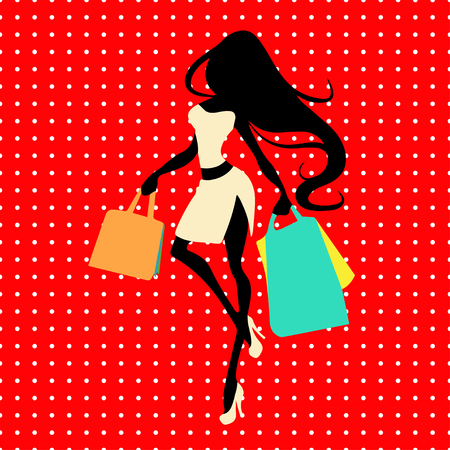 Silhouette woman with shopping bag on a red background with polka dots, vector banner template for female shopping, sales, black fridayのイラスト素材