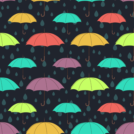 Umbrellas seamless pattern, vector background. Multicolored bright umbrellas and raindrops on a dark blue background. For wallpaper design, wrappers, fabrics, decoratingのイラスト素材
