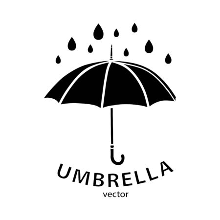 Umbrella icon, vector logo. Black umbrella silhouette, raindrops and text isolated on white backgroundのイラスト素材