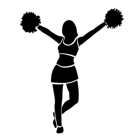 Cheerleader girl silhouette. Contour girl with hands up waving pompoms. Isolated on white background. Vector illustrationのイラスト素材
