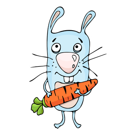 Bunny cartoon, vector hand drawing. Funny painted rabbit with a carrot in the paws, isolatedのイラスト素材