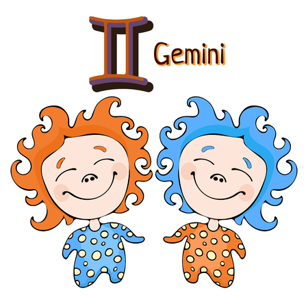 Zodiac sign cartoon Gemini, astrological character. Painted funny gemini with a symbol isolated on white background, vector hand drawing.のイラスト素材