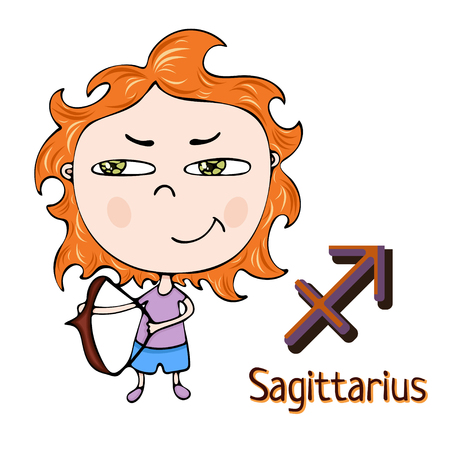 Sagittarius Zodiac sign cartoon astrological character. Painted in funny sagittarius with an arrow symbol isolated on white background, vector hand drawingのイラスト素材