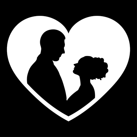 Couple in love silhouette, vector flat icon, logo, bride and groom outline drawing. Contours of loving men and women looking at each other in the white heart-shaped frame, isolatedのイラスト素材