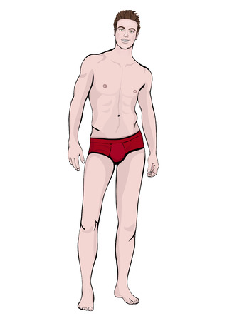 Man in shorts standing front side full-length, vector cartoon male portrait, multicolored painted muscular athlete in red underwear isolated on whiteのイラスト素材