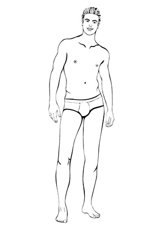 Man in shorts standing front side full-length, vector outline male portrait, coloring, black and white painted muscular athlete in underpants isolated on whiteのイラスト素材