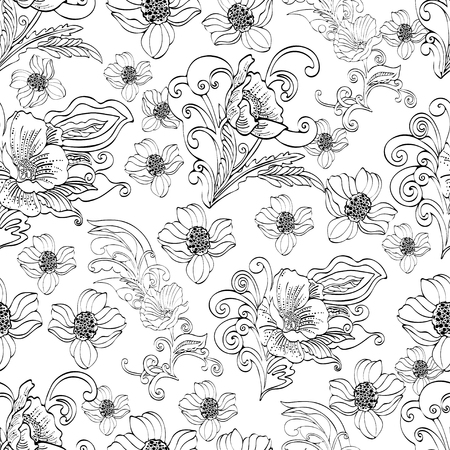 Abstract flowers seamless pattern, vector floral black and white contour background, cartoon hand-drawn, elegant monochrome ornament. Outline bud, petals, stem, leaves and curls on a white backgroundのイラスト素材