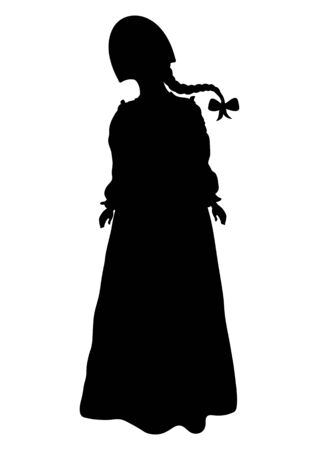Girl in Russian national costume silhouette, vector outline portrait, black and white contour drawing. Woman full-length in russian folk dress and kokoshnike, with scythe, isolated on whiteの写真素材