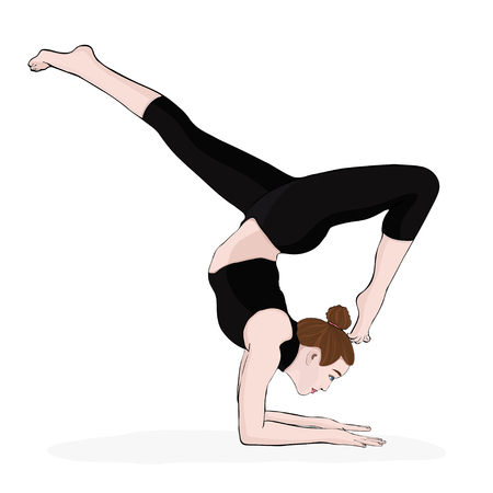 Yoga pose, woman handstand, vector multicolored drawing portrait. Meditation, is engaged in gymnastics cartoon girl makes a stand on the hands. Isolated on whiteのイラスト素材