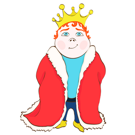 Cartoon king, vector hand drawing. Cute funny drawn prince in the red royal mantle, with red hair, with a crown on his head, isolated on whiteのイラスト素材